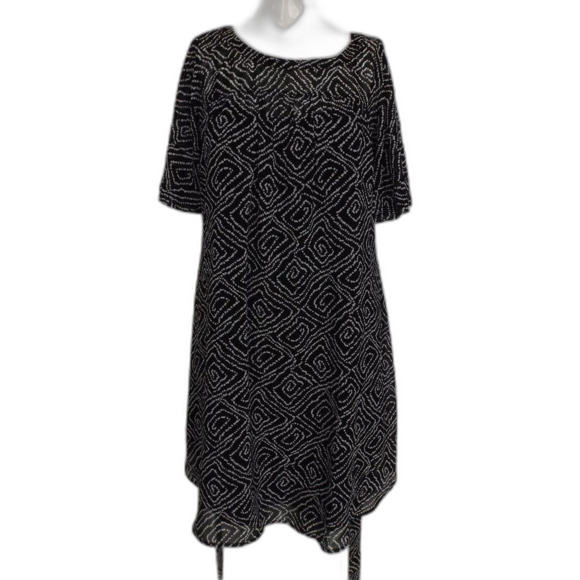 LOFT Dress, S, Black/White Geo print, 2 piece/Slip, Sash Belt, Short Sleeves - Picture 10 of 13